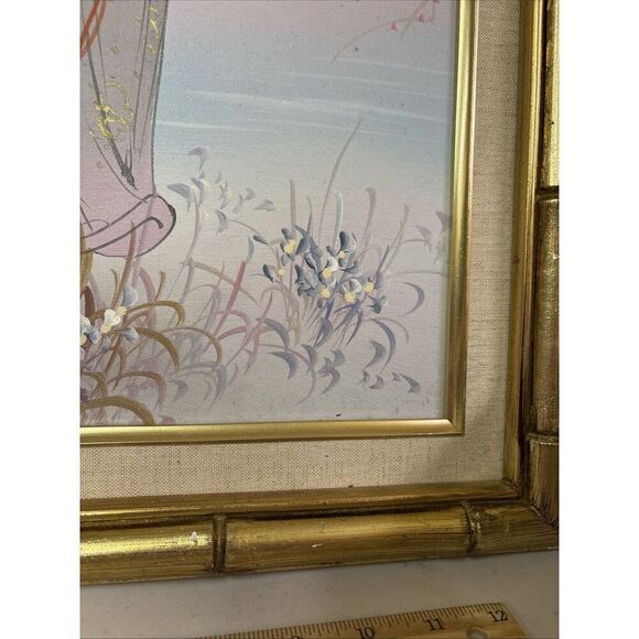 Signed Vintage Asian Painting - Japanese Geisha Pink Floral Garden - Framed - Picture 2 of 11